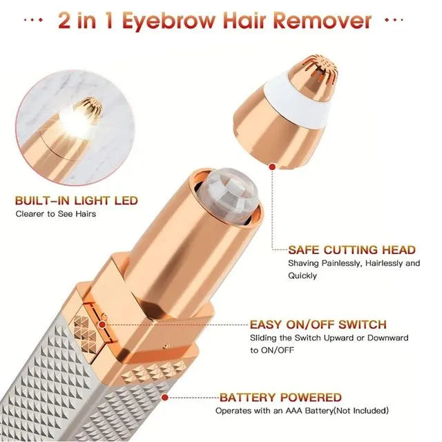 2-in-1 eyebrow hair remover with built-in light LED, safe cutting head, easy on/off switch, and battery powered feature.