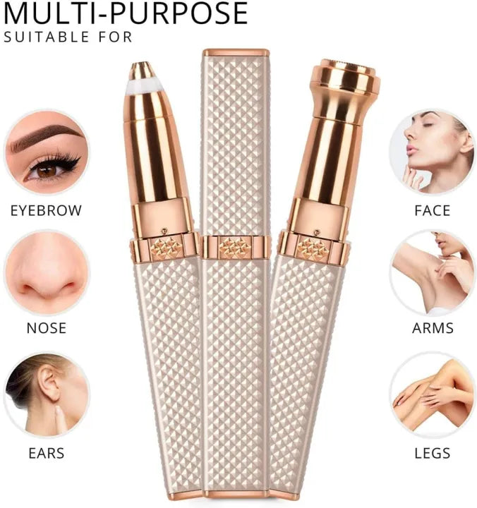 Multi-purpose beauty tool with rose gold accents and various application areas shown.
