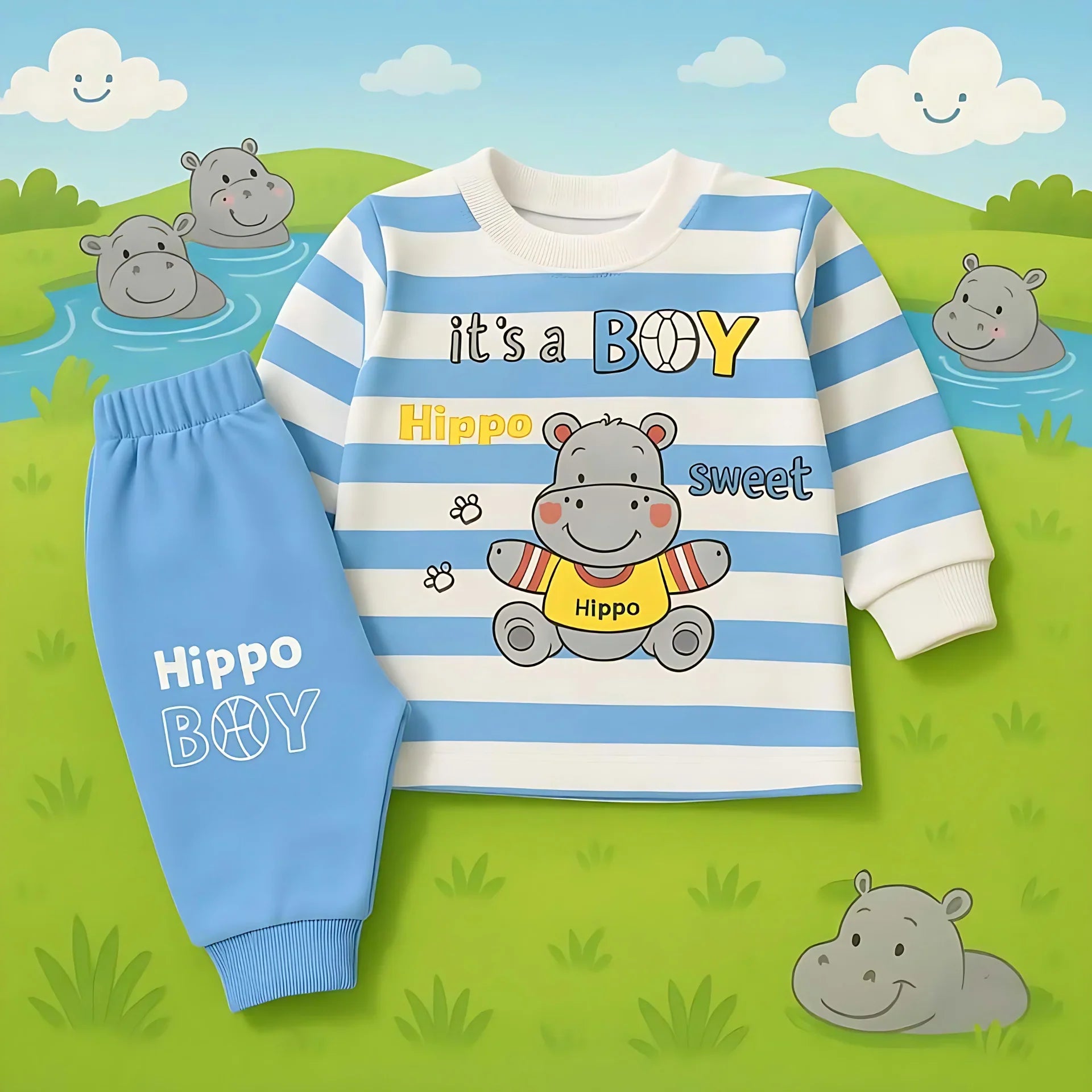 Children's outfit with striped shirt and blue pants featuring hippo graphics on a green background with cartoon hippoes.