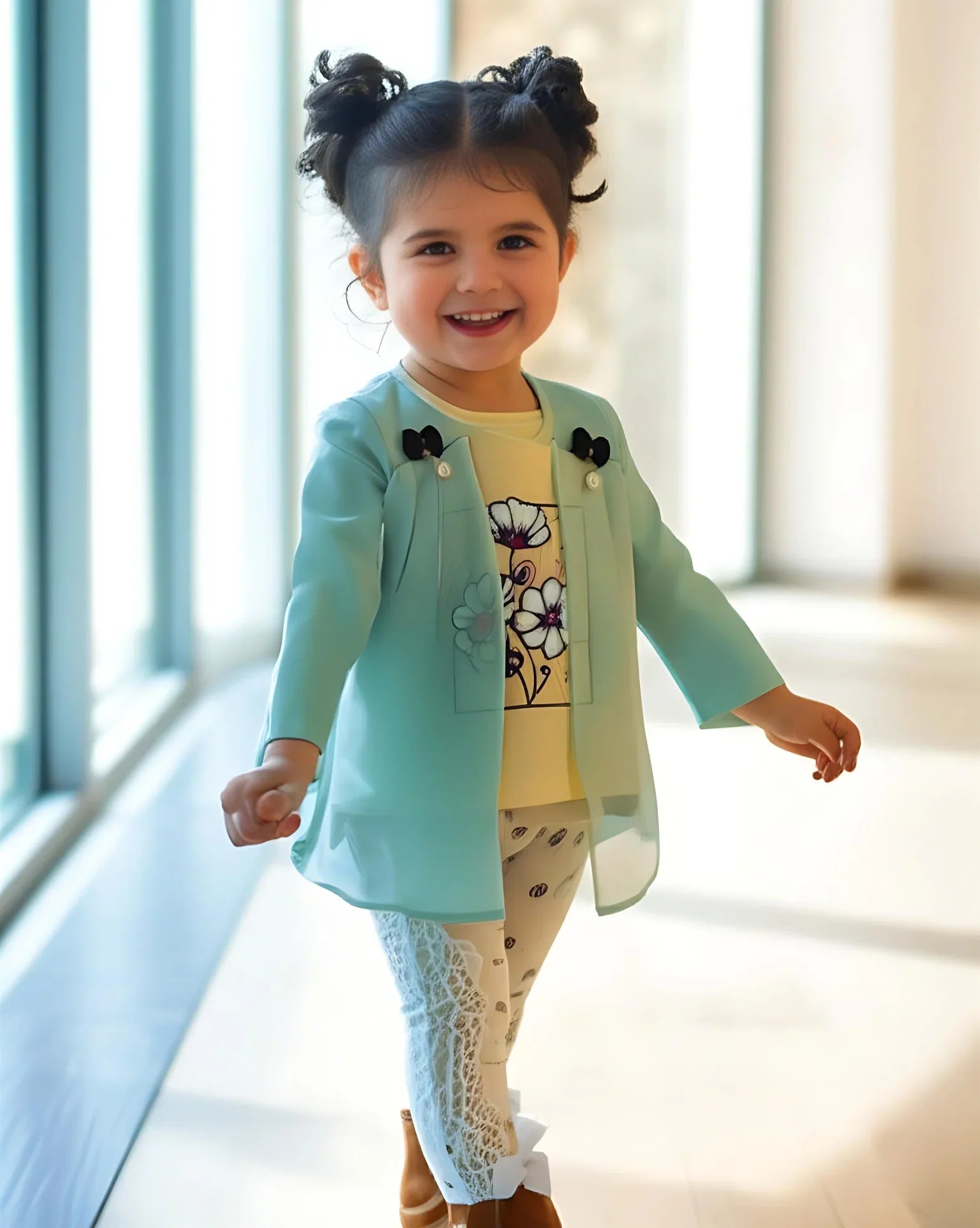 Child wearing a light blue jacket with black buttons, yellow shirt, and white pants with black polka dots.
