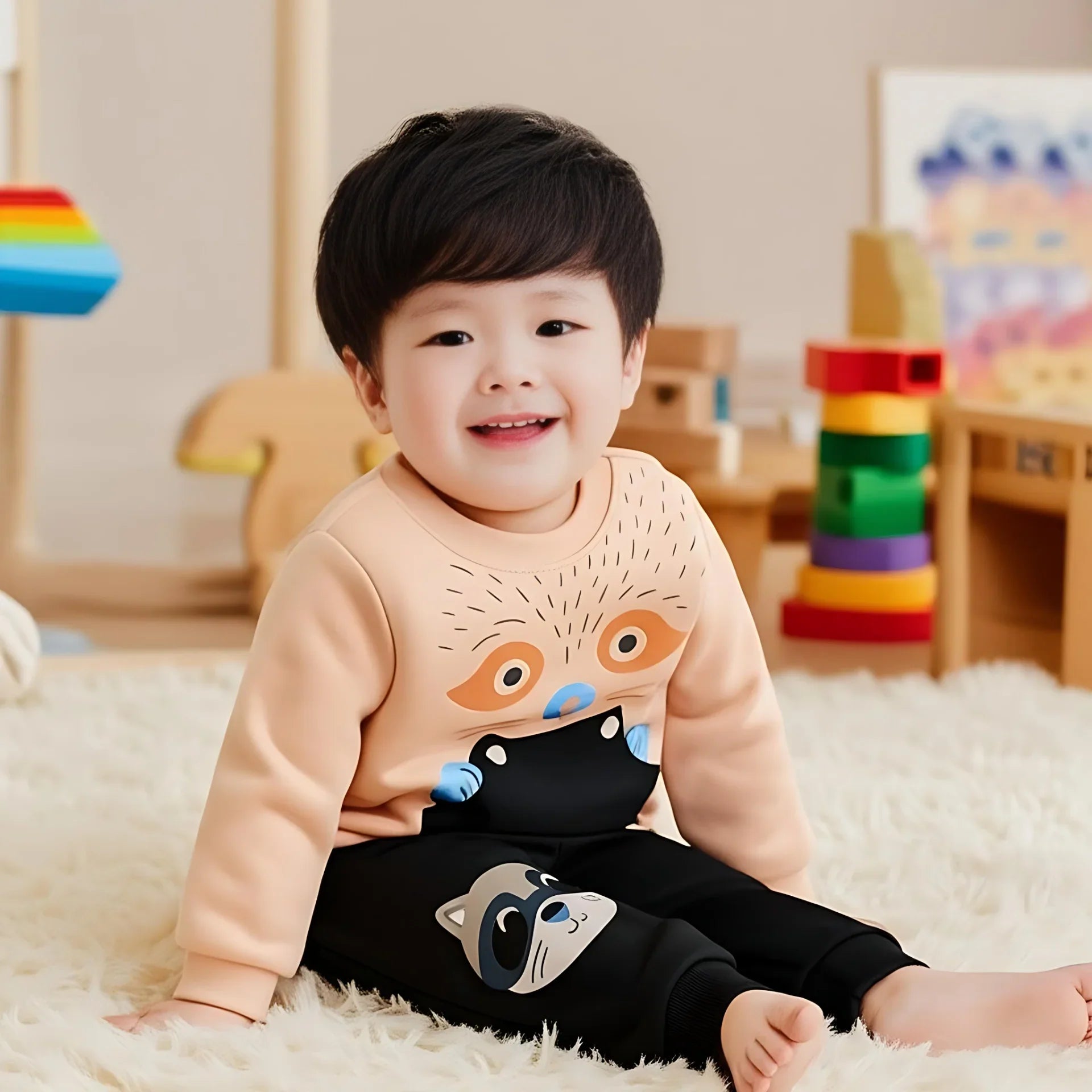 Child wearing a pink and black outfit with animal designs in a room with toys.