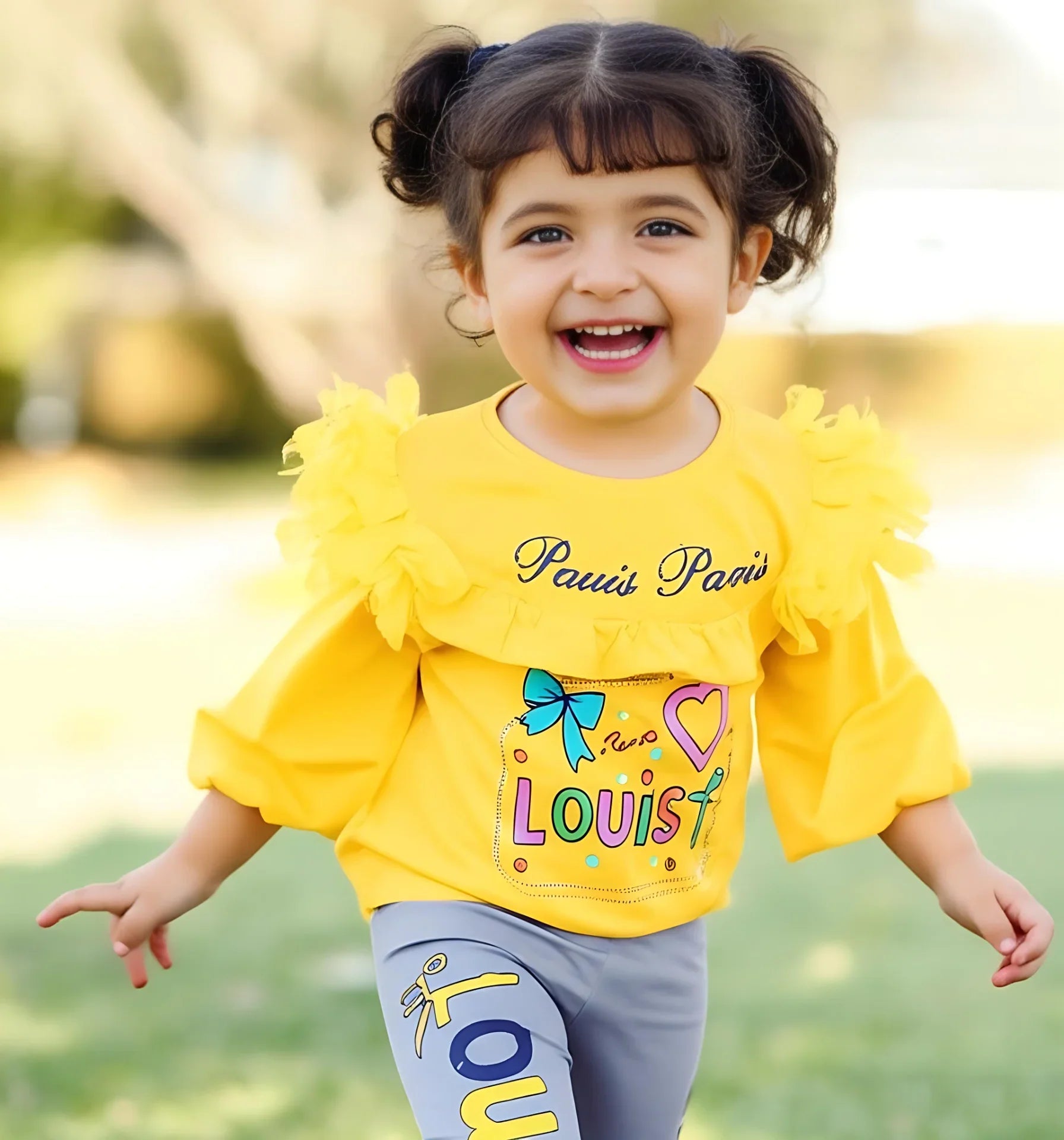 Child wearing a yellow outfit with colorful text and designs outdoors