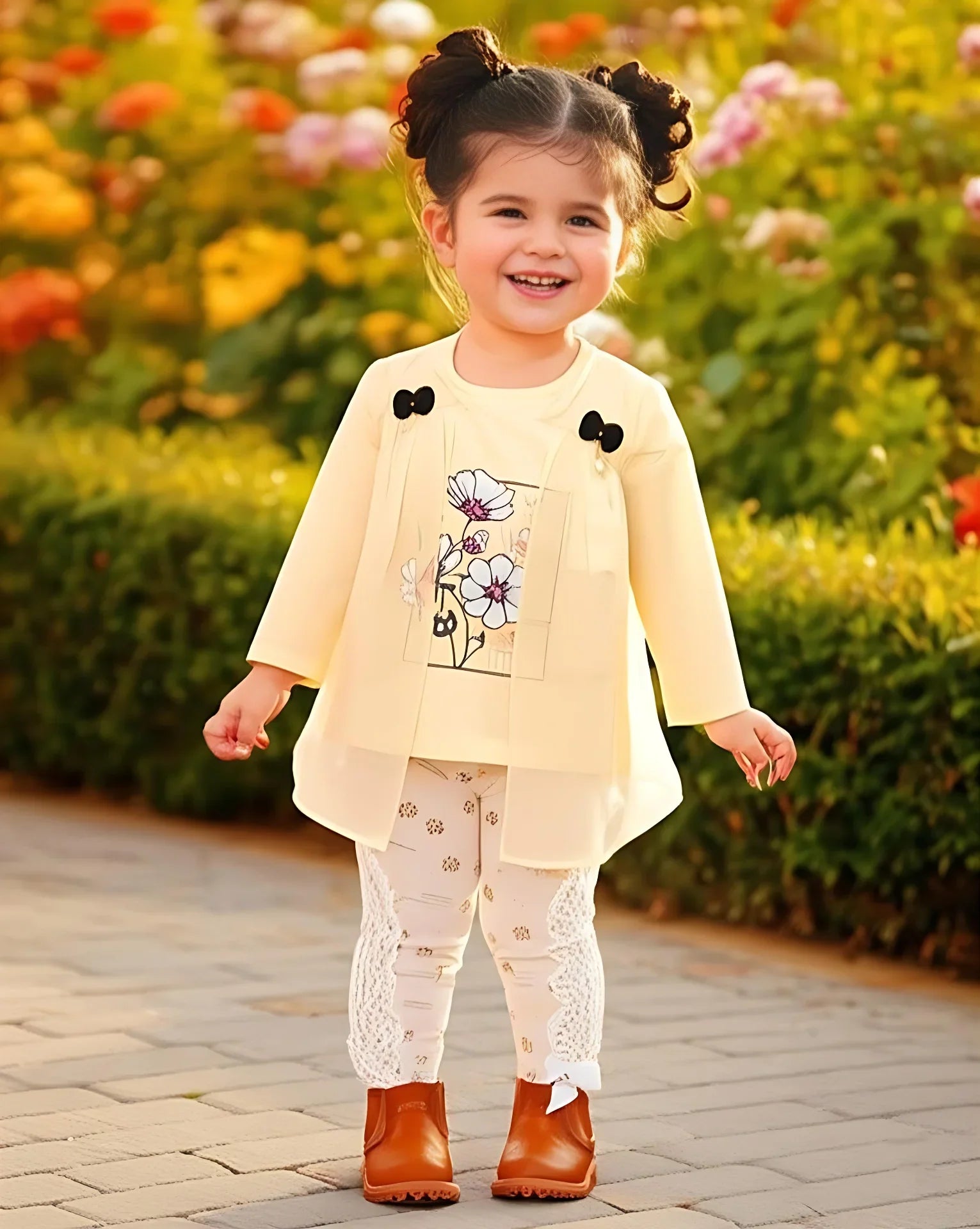 Child wearing a yellow outfit with floral design and brown boots, standing on a paved path with flowers in the background.