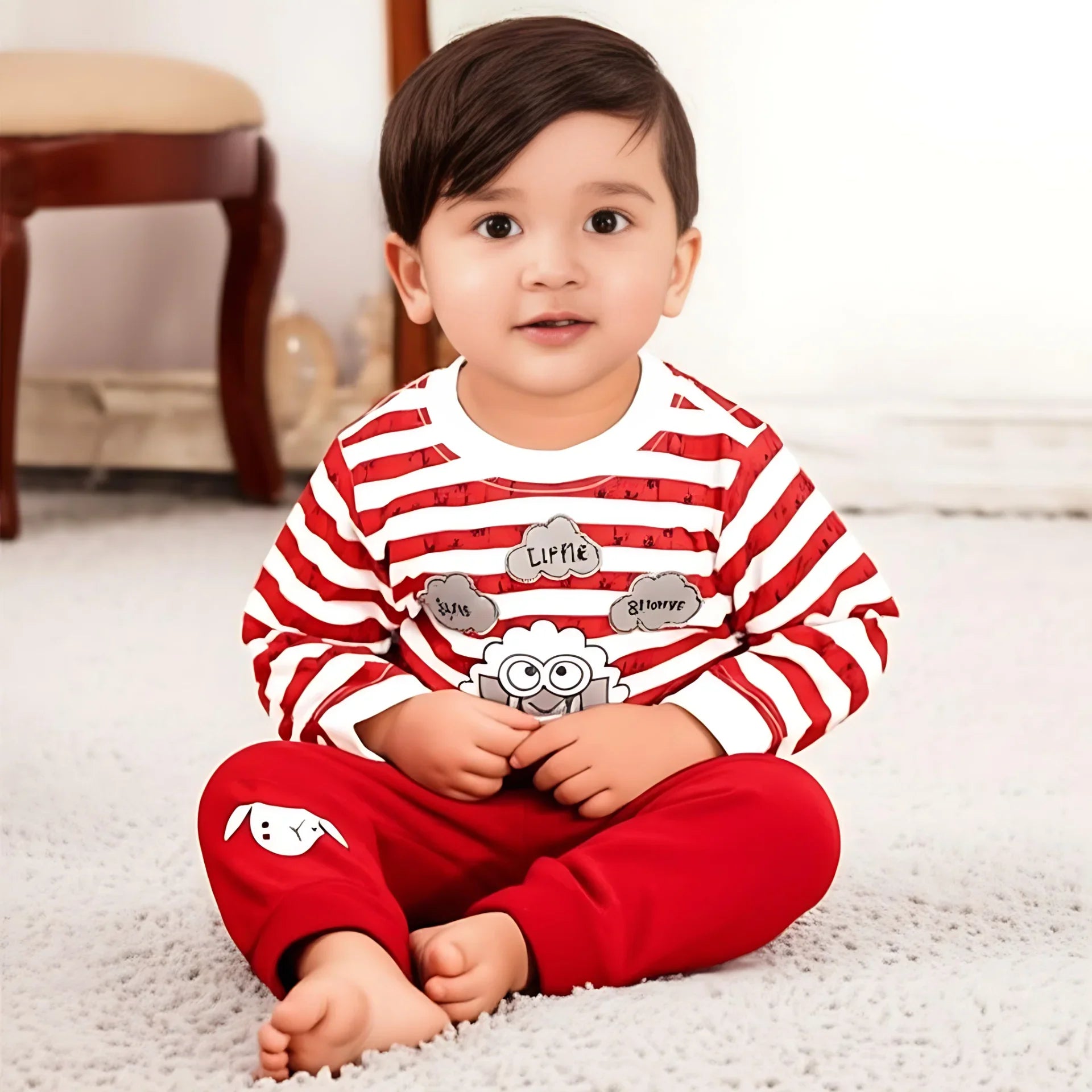Child wearing red and white striped pajamas sitting on a carpeted floor.