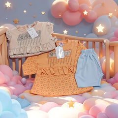 Children's clothing on a crib with balloons and stars in the background