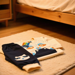 Children's clothing with cartoon designs on a rug in a bedroom.