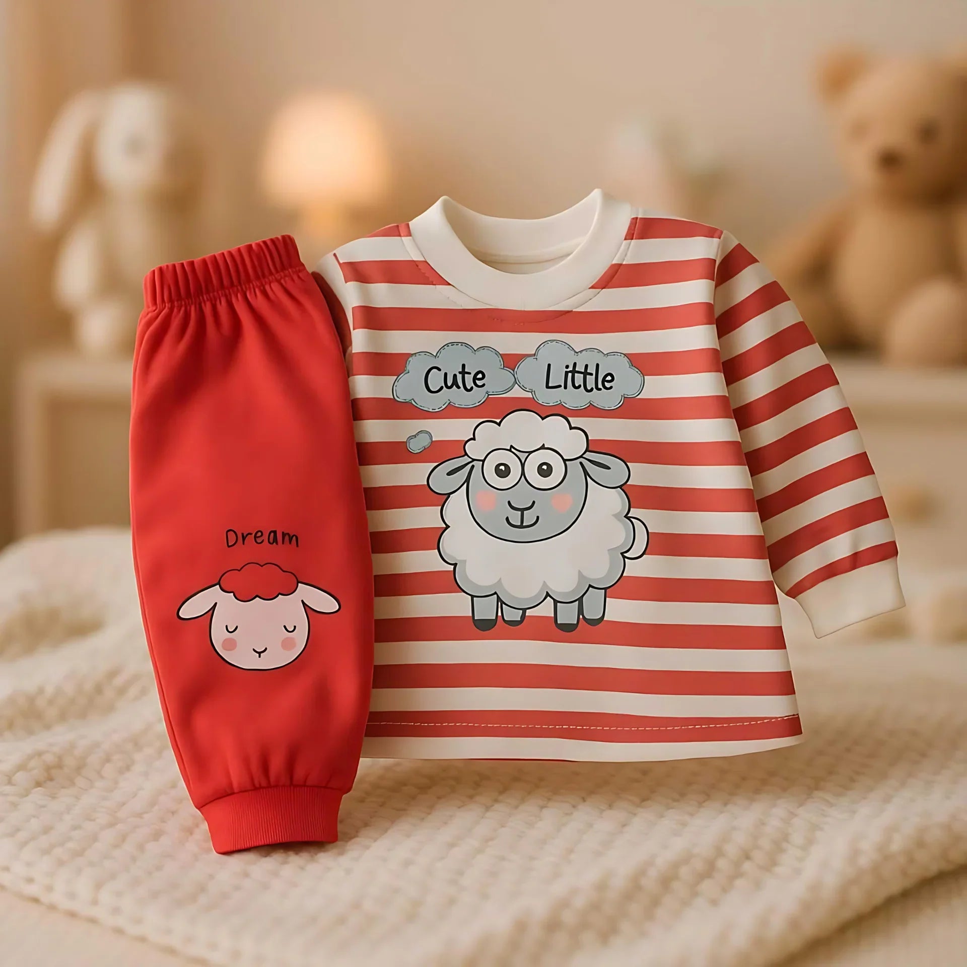 Children's outfit with red and white striped shirt and red pants featuring cartoon sheep on a soft surface.