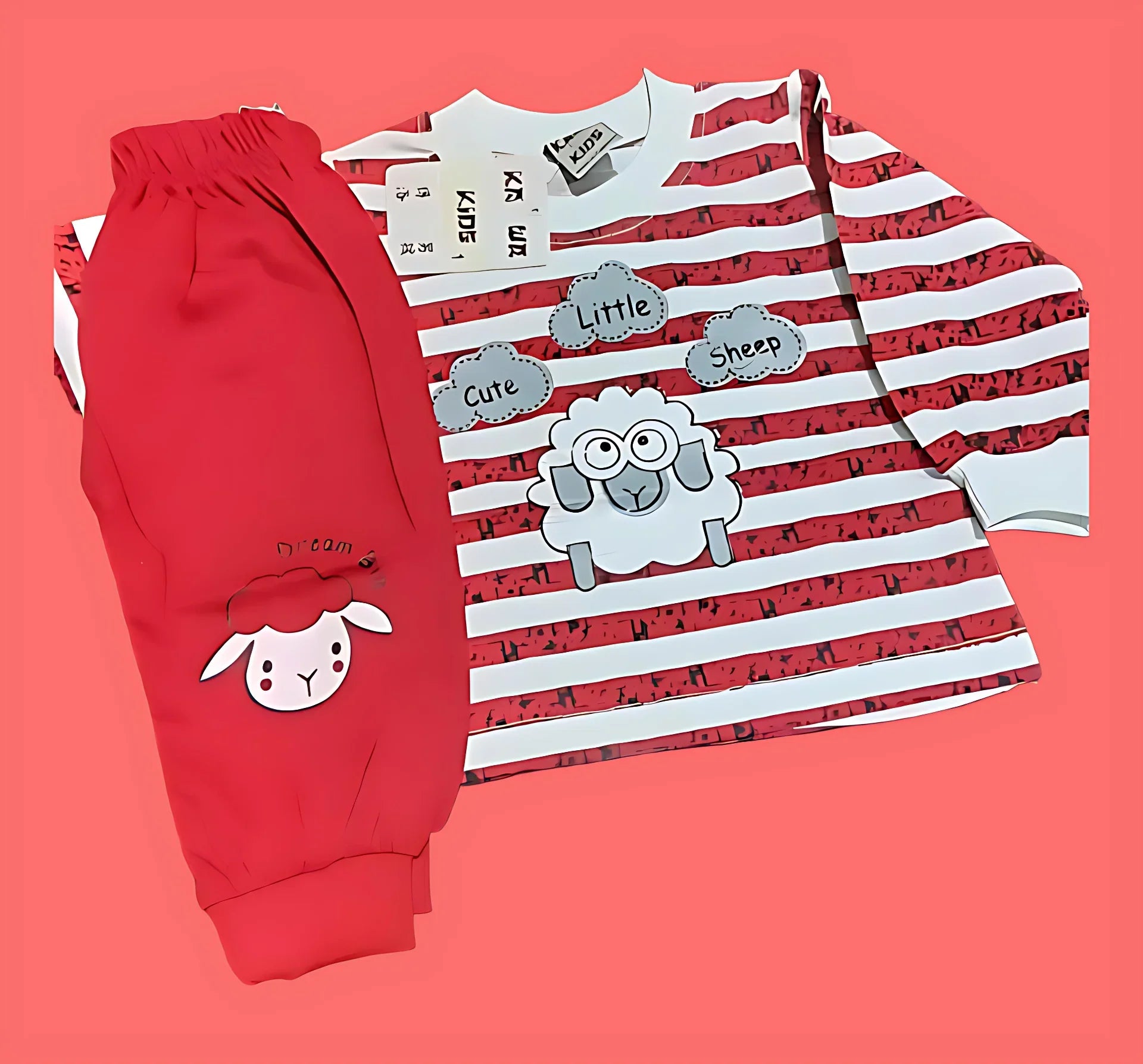 Children's red and white striped shirt with sheep design and matching pants on a coral background
