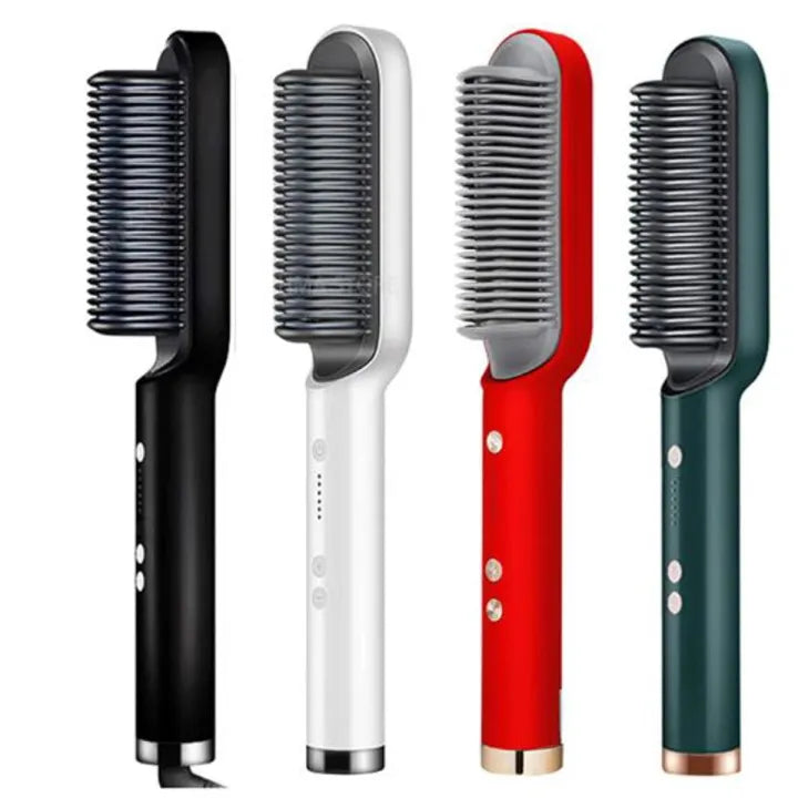 Four hair styling brushes in black, white, red, and green on a white background