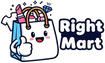 Cartoon shopping bag with makeup items and a thumbs up, featuring the brand 'Right Mart'.