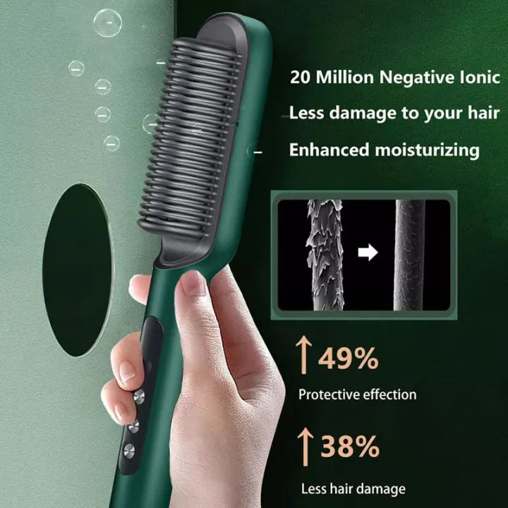 Green hair straightening brush held by a hand with text highlighting benefits on a green background