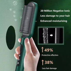 Green hair straightening brush held by a hand with text highlighting benefits on a green background
