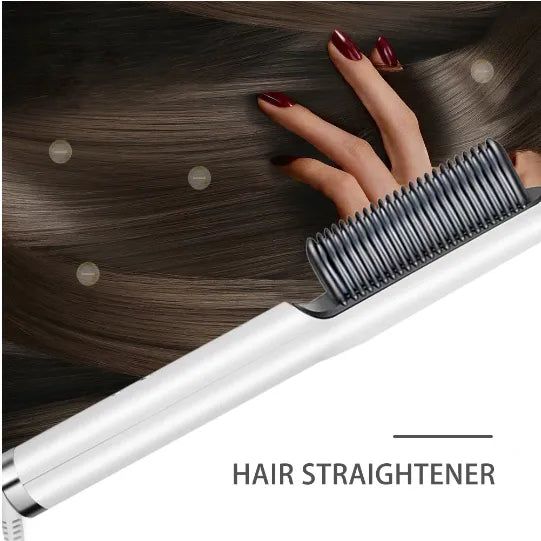 Hair straightener being used on hair with a hand holding it, on a white background.