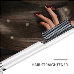 Hair straightener being used on hair with a hand holding it, on a white background.