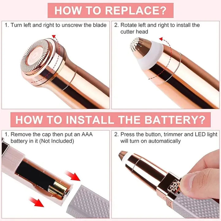 Instructions on how to replace a blade and install a battery for a grooming tool.