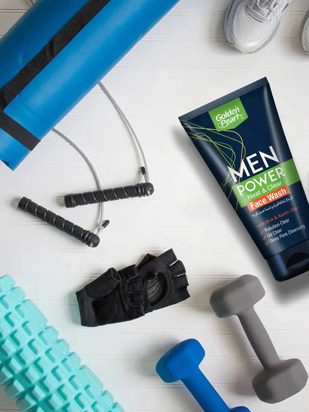 Men's power face wash with fitness equipment on a white surface