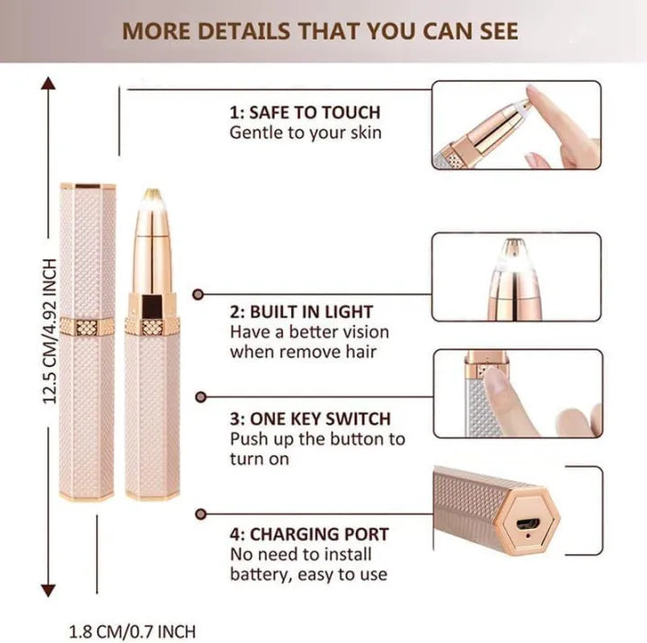 Product details of a hair removal device with features like safety, light, key switch, and charging port.