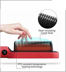 Red hair straightening comb with heat-insulating comb shell and PTC constant temperature heating technology, brand 'M STYLER' visible.