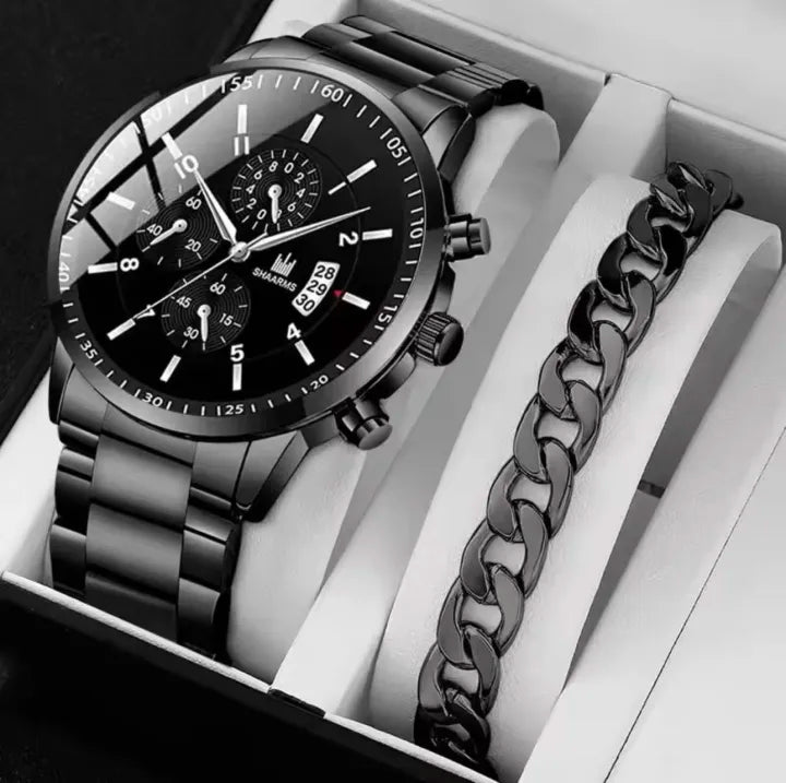 Men's Stainless Steel Watch & Bracelet Gift Set (2-Piece)