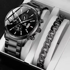 Men's Stainless Steel Watch & Bracelet Gift Set (2-Piece)