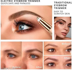 Comparison of electric and traditional eyebrow trimmer with before and after images.