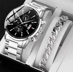 Men's Stainless Steel Watch & Bracelet Gift Set (2-Piece)
