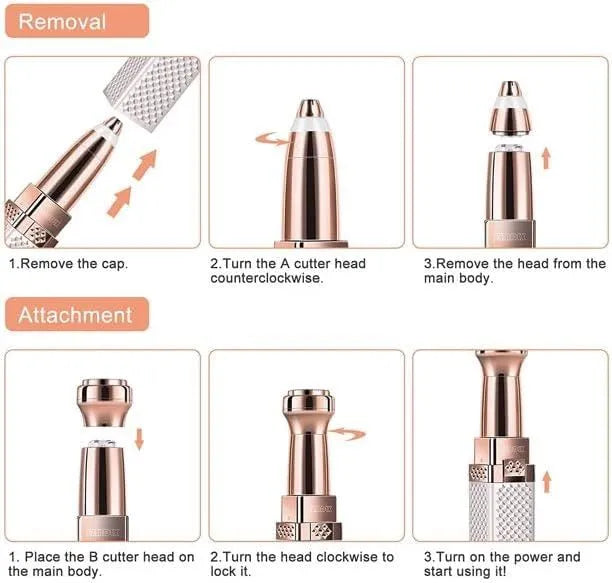 Step-by-step instructions for removing and attaching a rose gold tool attachment.