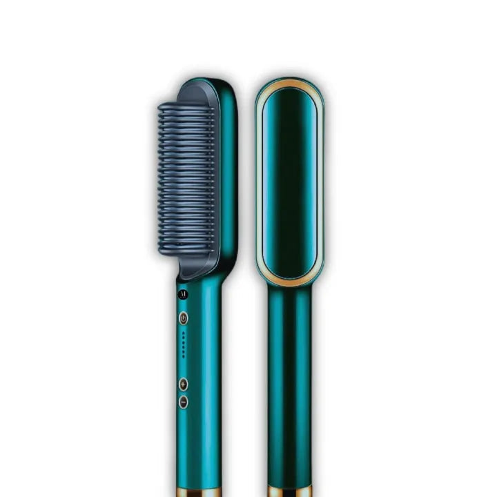 Teal hair straightening brush with bristle side on a white background, M Stori brand visible.