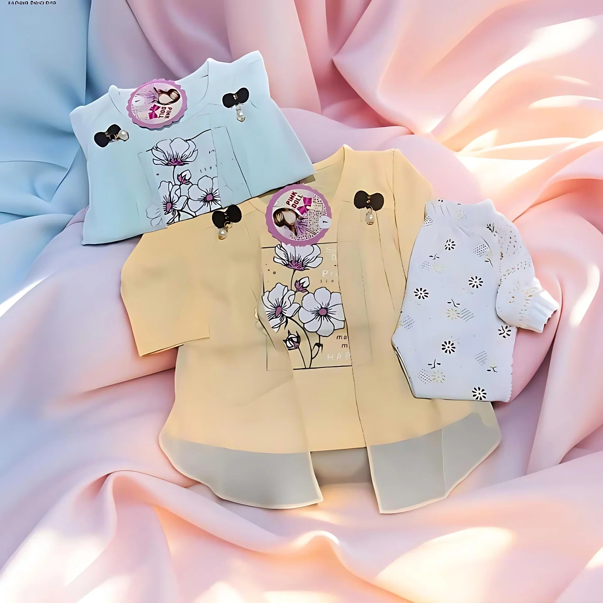 Three children's outfits with floral designs on a soft pink fabric background