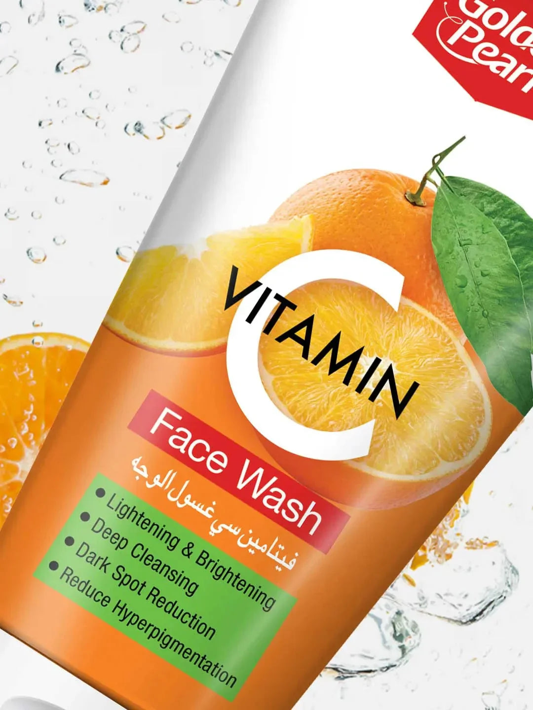 Vitamin C face wash bottle with oranges and water droplets on a white background