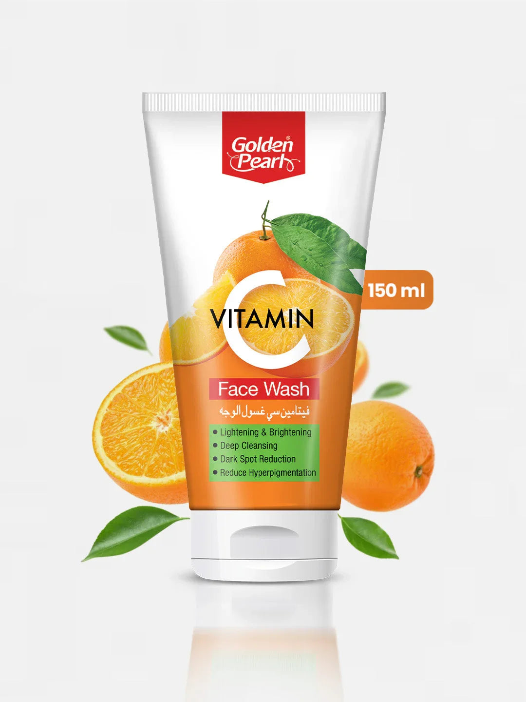 Tube of Golden Pearl Vitamin Face Wash with oranges and leaves on a white background