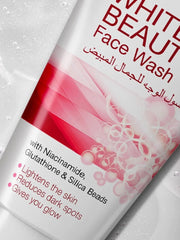 White Beaut Face Wash packaging with red and pink design on a white background
