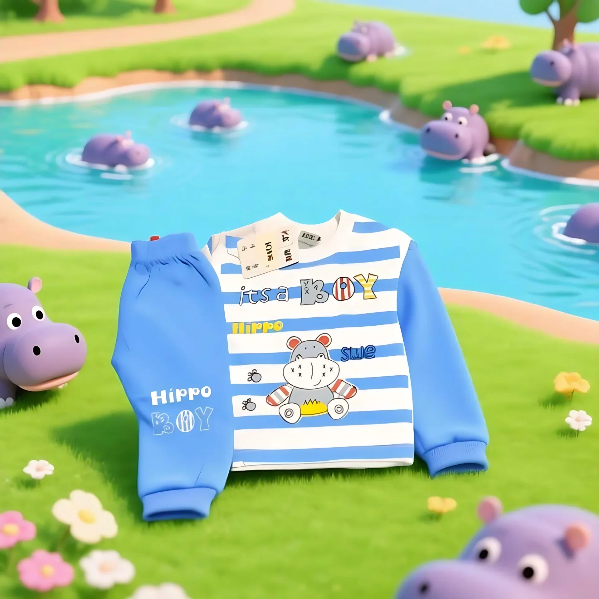 Children's outfit with cartoon hippo design on a grassy background with cartoon hippos.